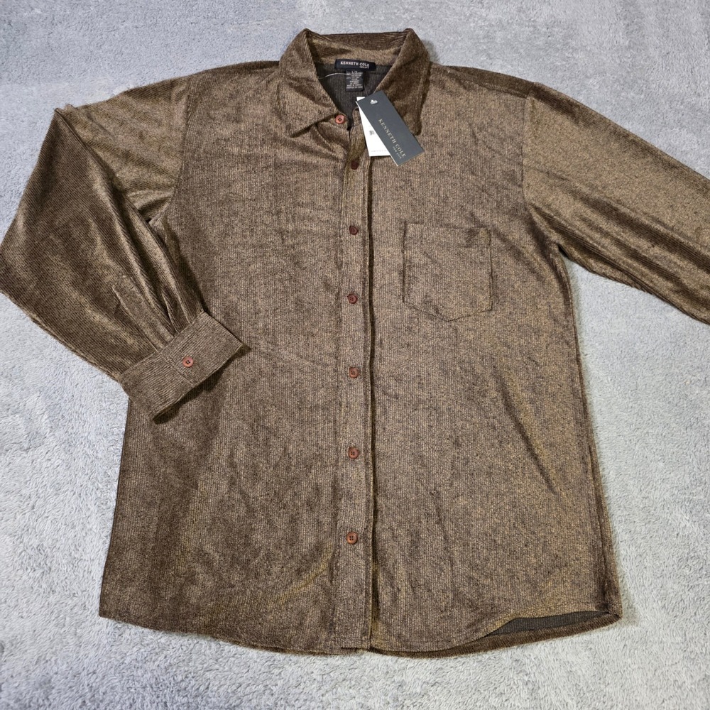 Kenneth Cole Mens L Ice Storm Button Up‎ Shirt Bronze Ribbed Textured 1985070